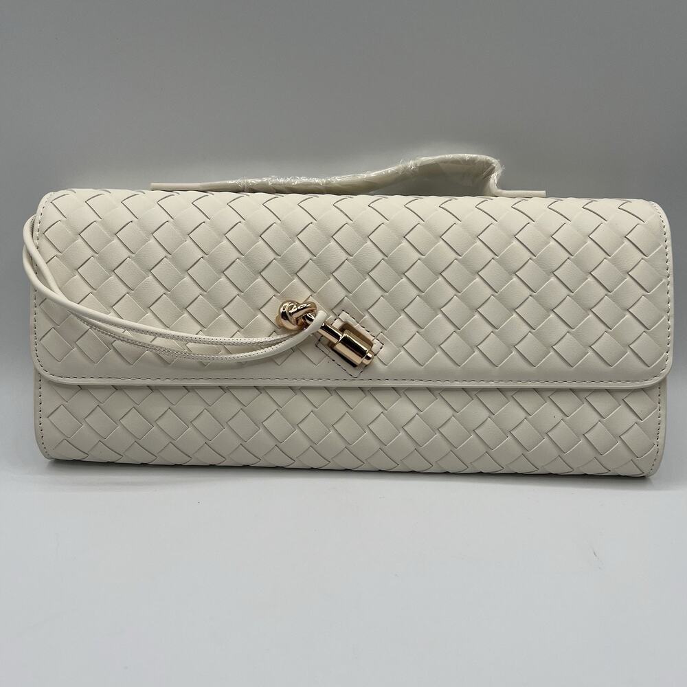 Evening Woven PU Leather Handbag Women Clutch Shoulder Crossbody Bag Cream Ivory